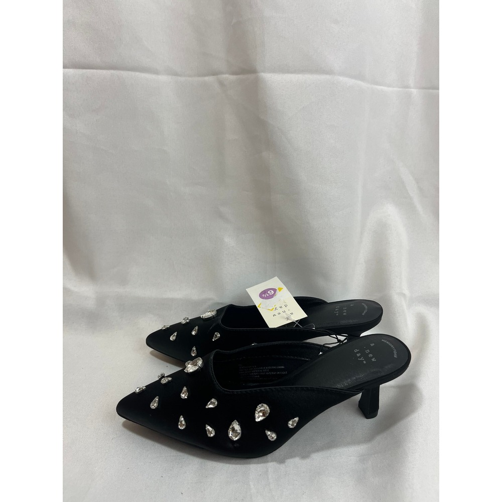 A New Day Women Black Rhinestone Embellished Pointed Toe Kitten Heel Mules 6.5